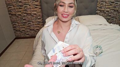 Busty waitress gets fucked by perverted hotel guest for money and cums inside her