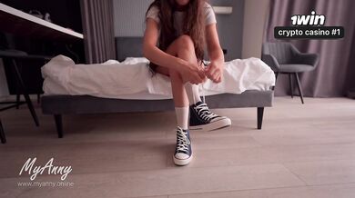 A curly-haired model in sneakers gets a sweet creampie - Fetish shoes, sneakers, feet