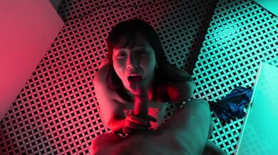 Horny Japanese girl gives you blowjob and swallows his cum in the bathroom of night club