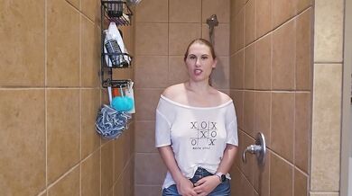 Trying on a see through lacy blue shirt