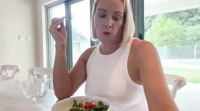 MILF drinks glass of pee with dinner, gets horny and thirsty
