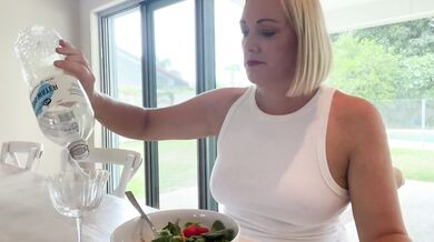 MILF drinks glass of pee with dinner, gets horny and thirsty