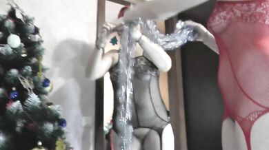 Mature lesbian MILF and bisexual teen in erotic lingerie without panties decorate Christmas tree for New Year 2026 Hairy pussy Shaved Ass Natural tits