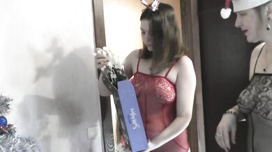 Mature lesbian MILF and bisexual teen in erotic lingerie without panties decorate Christmas tree for New Year 2026 Hairy pussy Shaved Ass Natural tits