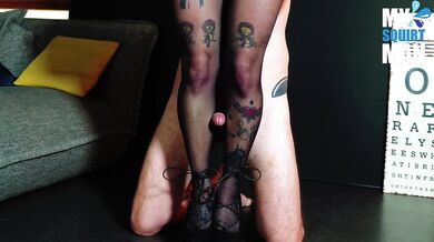 Nylon footjob: cum and male squirting on feet and heels. Fetish POV with inked milf