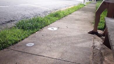 Risky masturbation with a beautiful redhead at the bus stop!