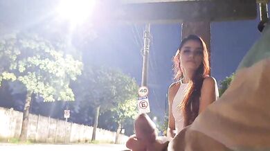 Risky masturbation with a beautiful redhead at the bus stop!