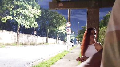 Risky masturbation with a beautiful redhead at the bus stop!