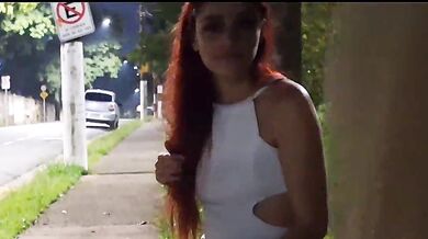 Risky masturbation with a beautiful redhead at the bus stop!