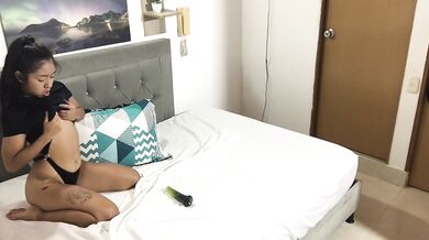 My horny friend gives her dildo a blowjob and masturbates.