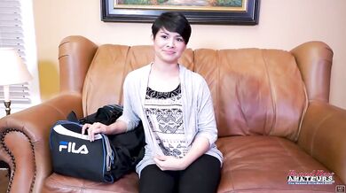 Skinny Short Haired Jae Scott Squirts All Over The Couch!