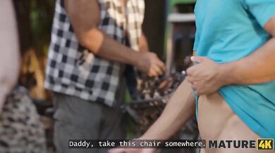 MATURE4K. Weird blonde Diana loves a lot of cum from 2 strangers on her huge tits