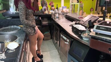 bartender surprised by the customer while watching a porn video and touching himself -Full video