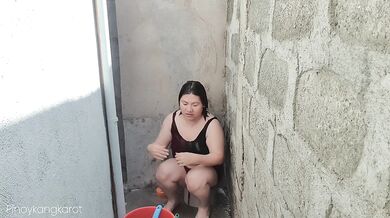Filipina taking a bath outside the house got fuck