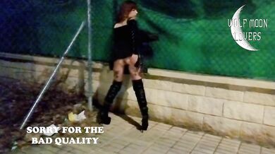 Slutty wife on high boots first public risky flashing, buttplug, exhibitionism