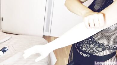 Big ass girlfriend in fishnets and latex gloves stretches her man and pegs him hard - huge cumshots