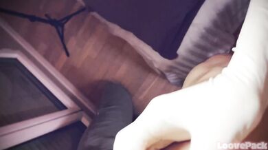 Big ass girlfriend in fishnets and latex gloves stretches her man and pegs him hard - huge cumshots