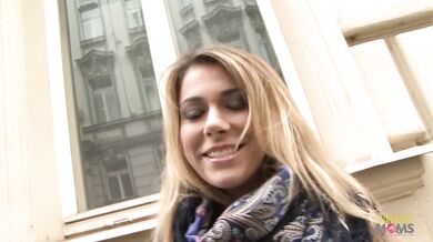 Girl with blonde hair using a dildo before having group sex