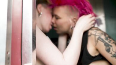 intense public making out session - two amateur lesbians like being watched in the photo booth