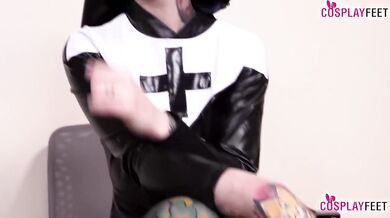 Horny tattoed Italian nun Denise just got back from a service. She wears black pantyhose and spike h