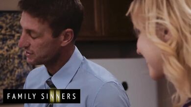 FAMILY SINNERS - Hot Blondie Models Lingerie For Stepdad & Gets Fucked Hard On The Kitchen Counter