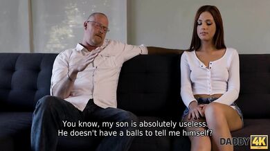 DADDY4K. Boyfriend is too scared so ginger GF goes and seduces his dad