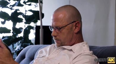 DADDY4K. Boyfriend is too scared so ginger GF goes and seduces his dad