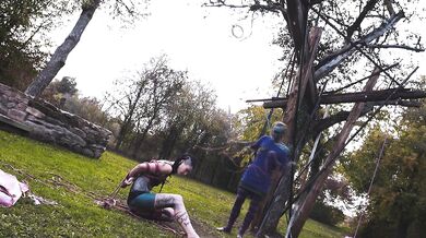 Outdoor Bondage Shibari Suspension - Tattoo skinny Girl in ropes on a tree