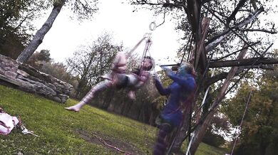 Outdoor Bondage Shibari Suspension - Tattoo skinny Girl in ropes on a tree