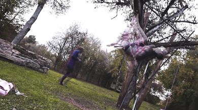 Outdoor Bondage Shibari Suspension - Tattoo skinny Girl in ropes on a tree