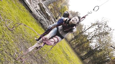 Outdoor Bondage Shibari Suspension - Tattoo skinny Girl in ropes on a tree