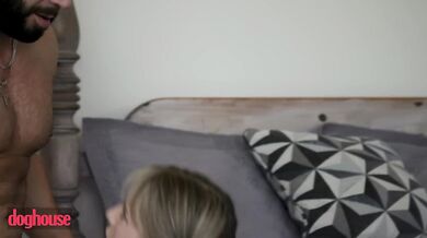DOG HOUSE - Blonde Babe Invites Her Landlord For A Steamy Fan Video And Lets Him Finish Inside