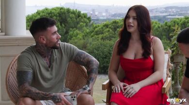 Busty Redhead Babe in Sexy Lingerie and Stockings Sucks Two Guys After a Short Conversation..