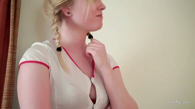 Willing and cute nurse helps bring an older patient off