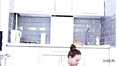 Chipper teen in red panties loves to masturbate in her kitchen