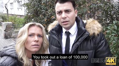 DEBT4k. Bald debt collector drags stunning belle into quick fuck on sofa