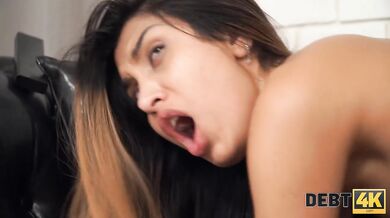 DEBT4k. Bald debt collector drags stunning belle into quick fuck on sofa