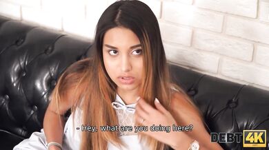 DEBT4k. Bald debt collector drags stunning belle into quick fuck on sofa