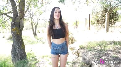 Brunette hottie Briseida Myers accepts the challenge of an OUTDOOR PICKUP!