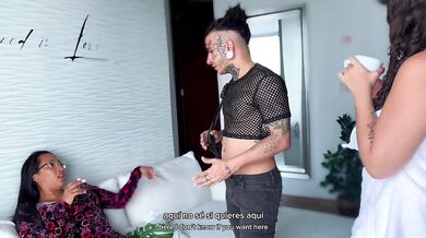 Threesome with stepmother and her stepdaughter after tattooing her
