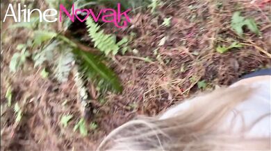 Blonde with big ass goes to harvest pine nuts and makes an outdoor blowjob with the right cumshot in the mouth