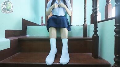 "18 High School Girl Can’t Wait — Plays with Herself on the Staircase"