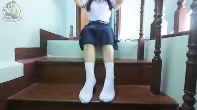 "18 High School Girl Can’t Wait — Plays with Herself on the Staircase"