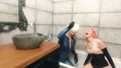 Bath relax in latex rubber with milk, romantic funny fetish video