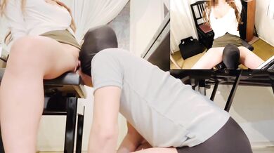 Playing the piano and teasing the M-man with heels in a rear seated position
