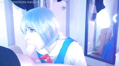 Rei Ayanami first time, fucks rough with her big oiled ass, makes step dad cum loads over cute face