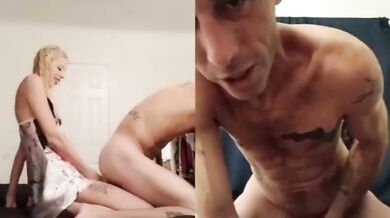 Split Screen- I ride her big dick Strap-on! She fucks my tight ass until I cum hard!!