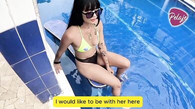 I find my stepdaughter masturbating in the pool and we fuck to show her.