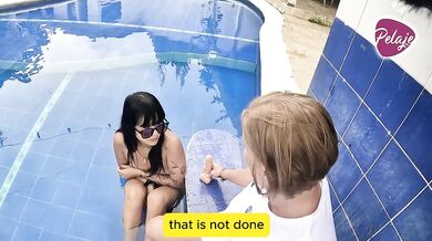 I find my stepdaughter masturbating in the pool and we fuck to show her.