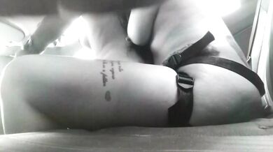 Hot fuck with my girlfriend's strap-on in the car